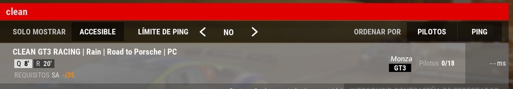 Buscador de servidores de ACC mostrando CLEAN GT3 RACING
